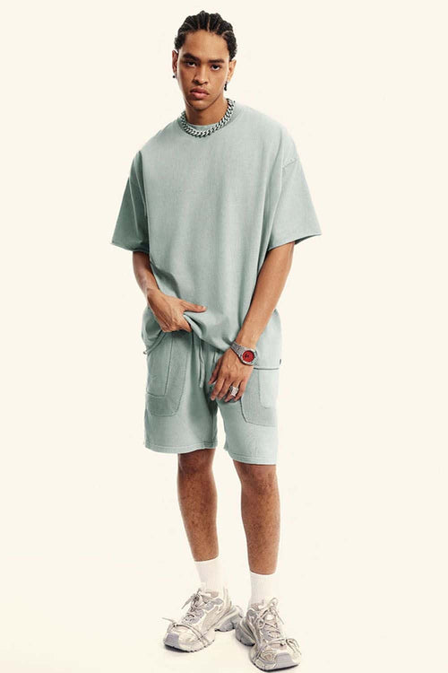 Washed Raw-Edge Heavyweight Cotton T-Shirt in Light Gray - full-length front modeled view