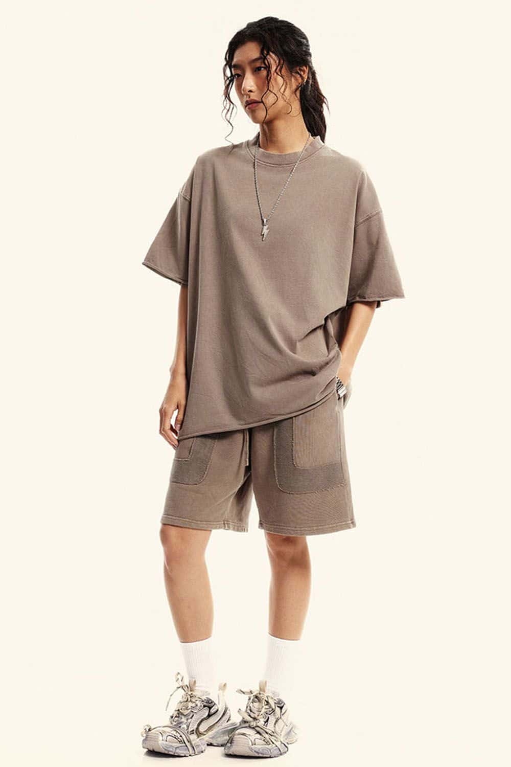 Washed Raw-Edge Heavyweight Cotton T-Shirt in Mud - full-length front modeled view