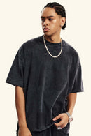 Washed Raw-Edge Heavyweight Cotton T-Shirt in Slate Black - three-quarter front modeled view