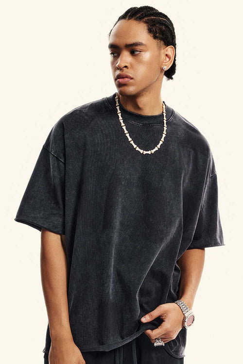 Washed Raw-Edge Heavyweight Cotton T-Shirt in Slate Black - three-quarter front modeled view