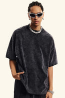 Washed Raw-Edge Heavyweight Cotton T-Shirt in Slate Black - front modeled close-up