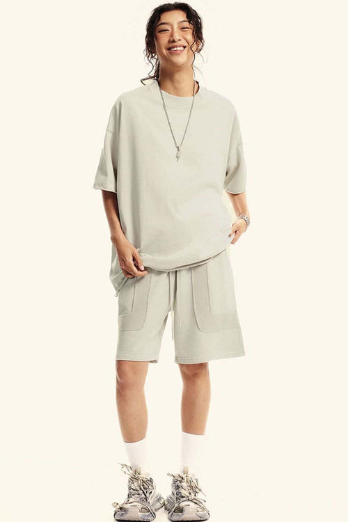 Washed Raw-Edge Heavyweight Cotton T-Shirt in Slate Rice - full-length front modeled view