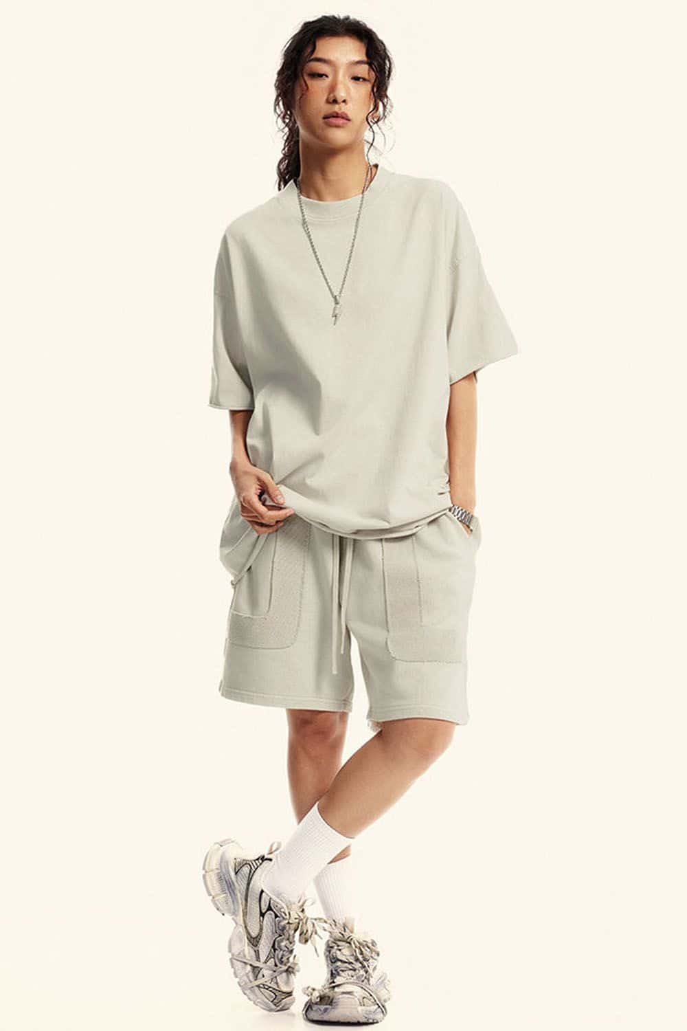 Washed Raw-Edge Heavyweight Cotton T-Shirt in Slate Rice - full-length front modeled view