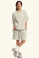 Washed Raw-Edge Heavyweight Cotton T-Shirt in Slate Rice - full-length front modeled view