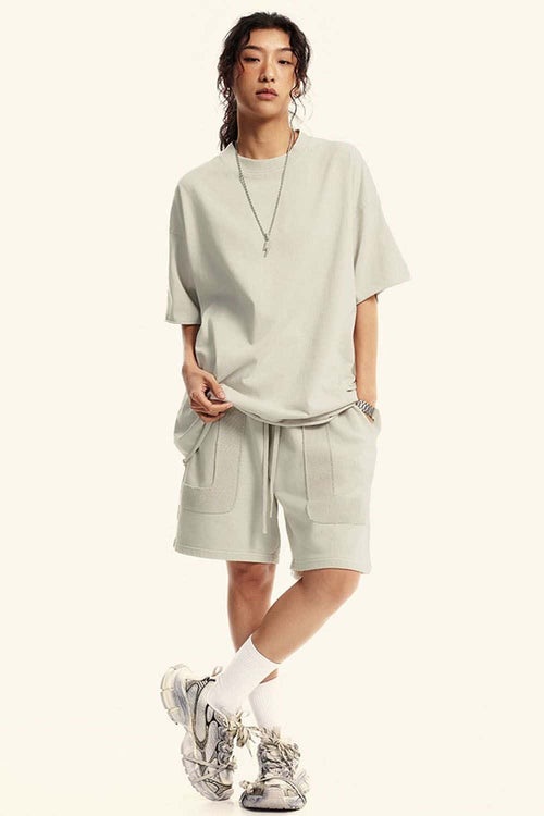 Washed Raw-Edge Heavyweight Cotton T-Shirt in Slate Rice - full-length front modeled view