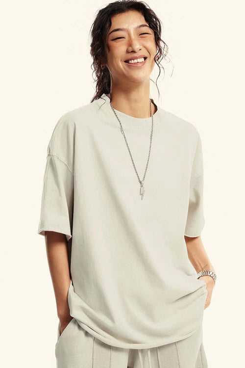 Washed Raw-Edge Heavyweight Cotton T-Shirt in Slate Rice - front modeled close-up