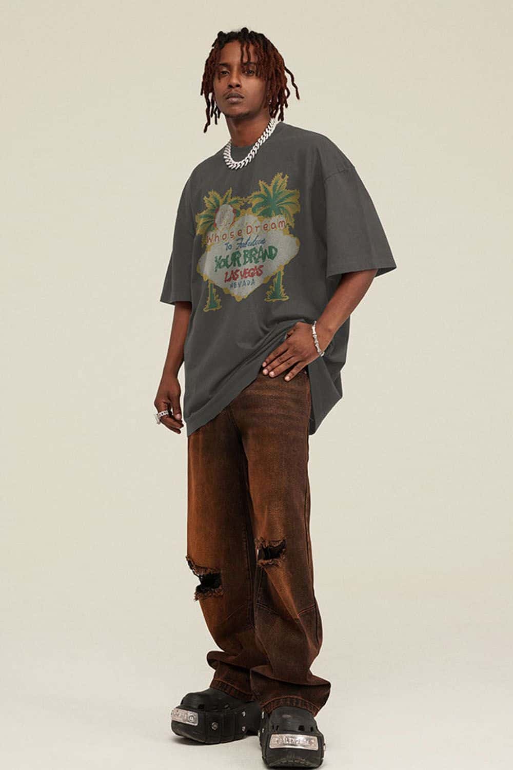 Breathable Washed Palm Graphic T-Shirt in Dark Gray - full-length front modeled view
