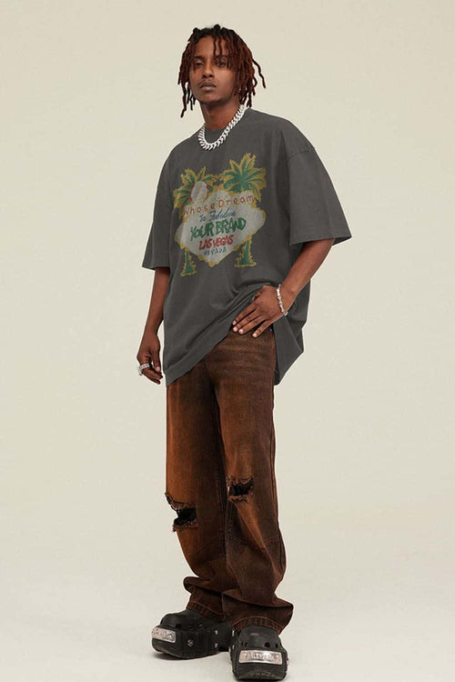 Breathable Washed Palm Graphic T-Shirt in Dark Gray - full-length front modeled view