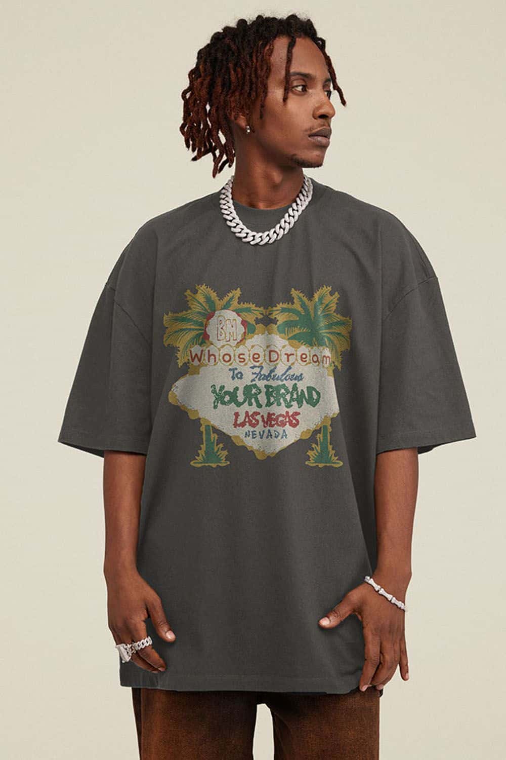 Breathable Washed Palm Graphic T-Shirt in Dark Gray - full-length front modeled view