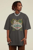 Breathable Washed Palm Graphic T-Shirt in Dark Gray - full-length front modeled view