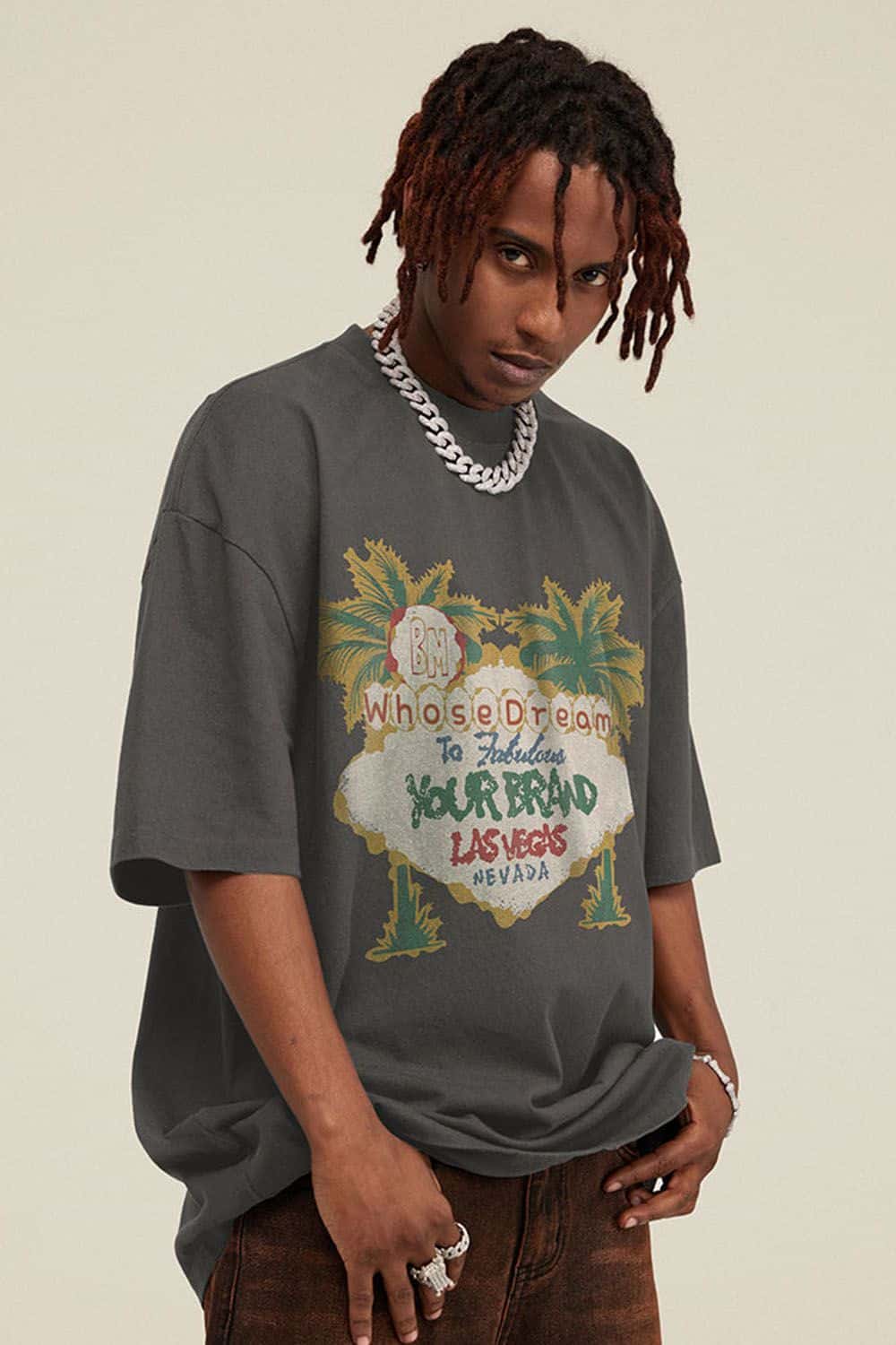 Breathable Washed Palm Graphic T-Shirt in Dark Gray - three-quarter front modeled view