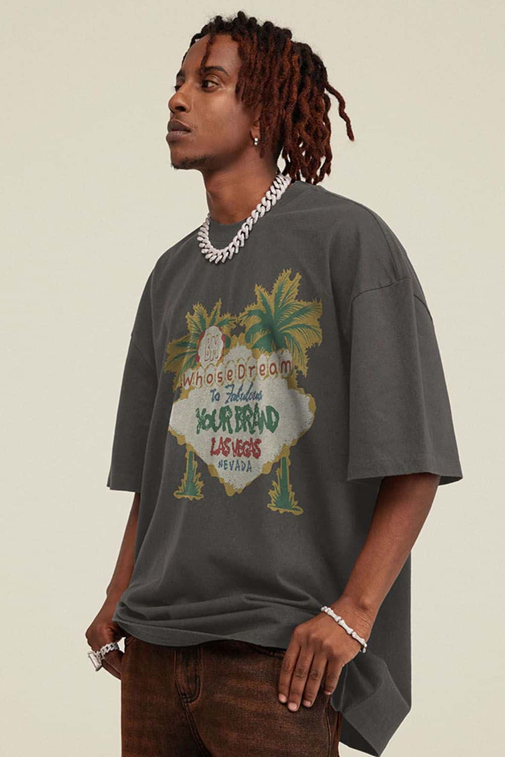 Breathable Washed Palm Graphic T-Shirt in Dark Gray - three-quarter front modeled view