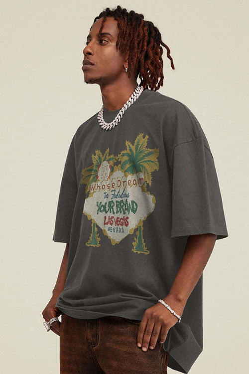 Breathable Washed Palm Graphic T-Shirt in Dark Gray - three-quarter front modeled view