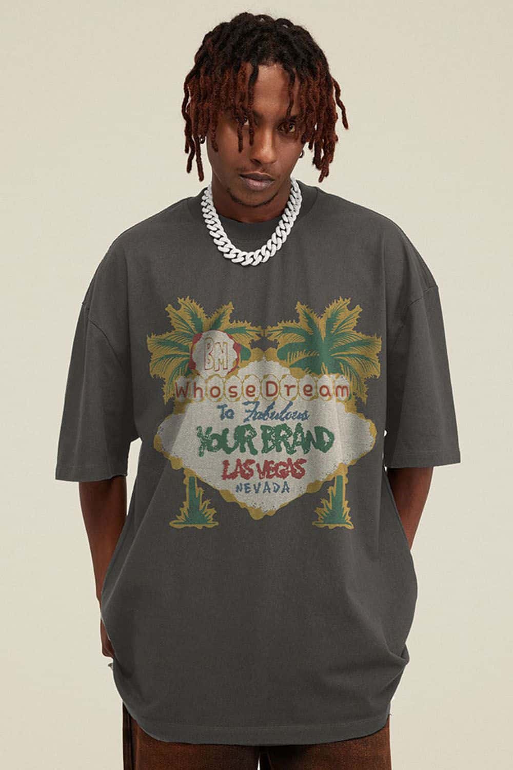 Breathable Washed Palm Graphic T-Shirt in Dark Gray - front modeled view