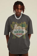 Breathable Washed Palm Graphic T-Shirt in Dark Gray - front modeled view