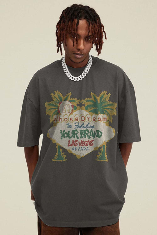 Breathable Washed Palm Graphic T-Shirt in Dark Gray - front modeled view