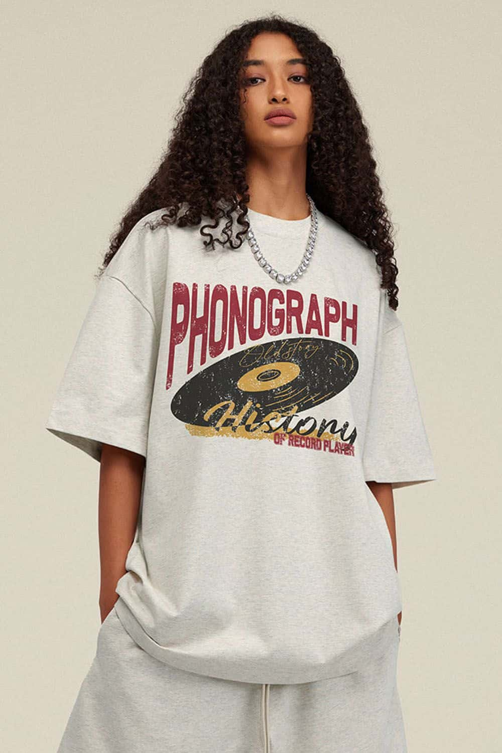 Vintage Loose-Fit Round Neck Short Sleeve Phonograph T-Shirt