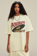 Washed Gramophone-Graphic Cotton T-Shirt in Milk Tea White - front modeled view