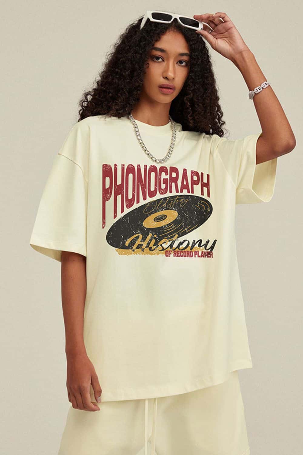 Washed Gramophone-Graphic Cotton T-Shirt in Milk Tea White - front modeled view