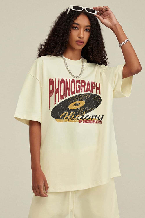 Washed Gramophone-Graphic Cotton T-Shirt in Milk Tea White - front modeled view
