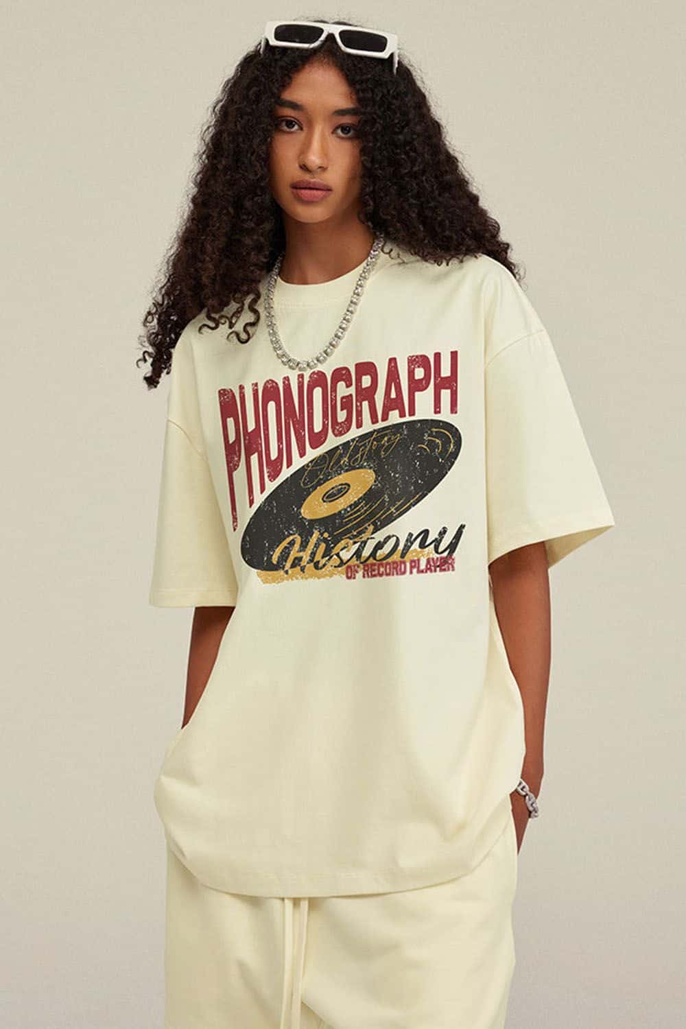 Washed Gramophone-Graphic Cotton T-Shirt in Milk Tea White - front modeled view