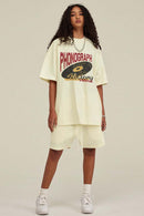 Washed Gramophone-Graphic Cotton T-Shirt in Milk Tea White - front modeled view