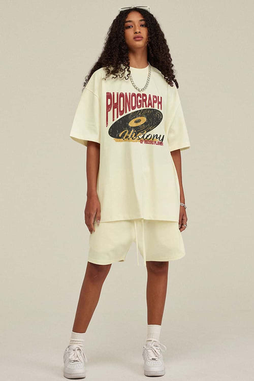 Washed Gramophone-Graphic Cotton T-Shirt in Milk Tea White - front modeled view