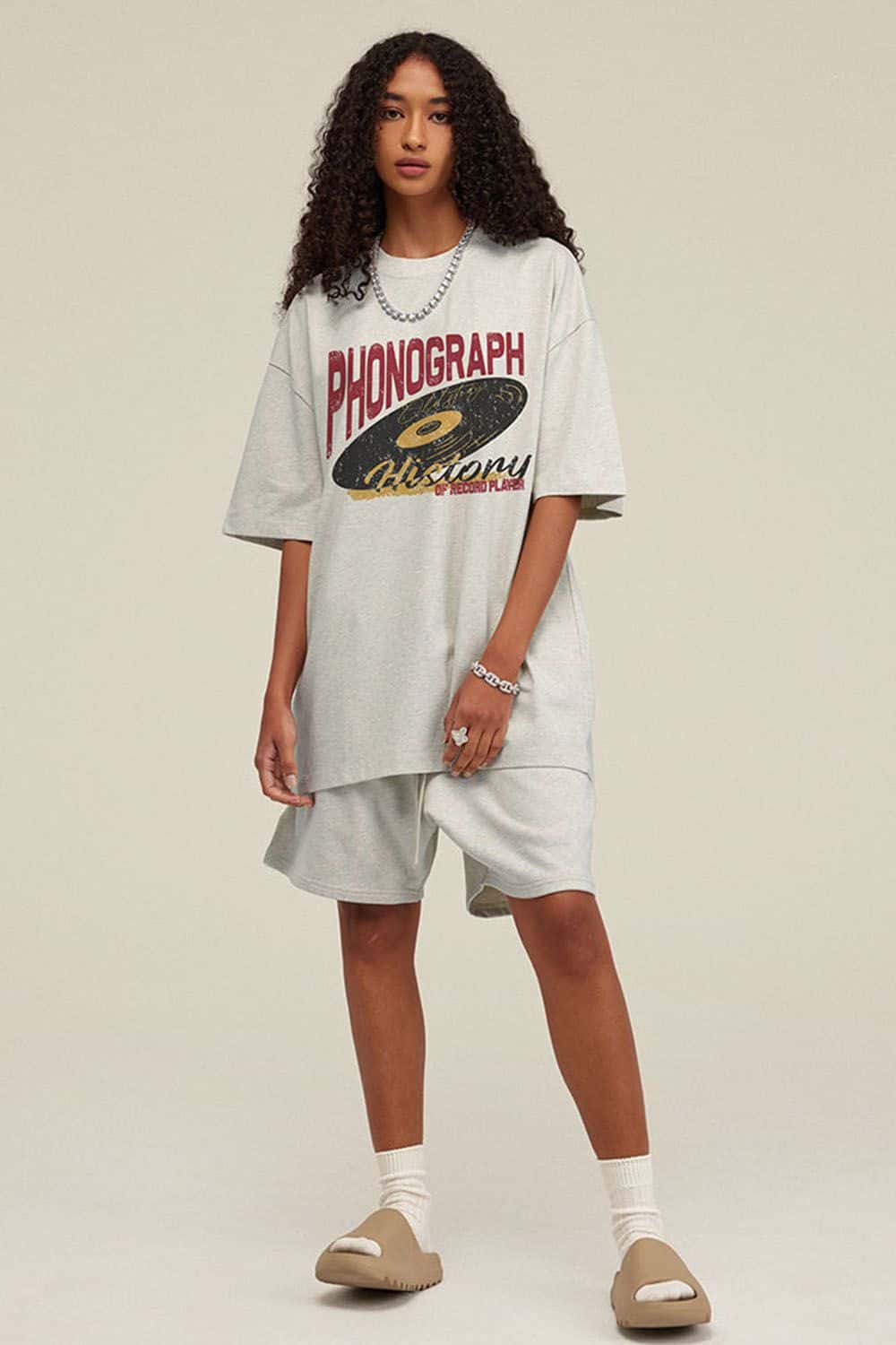 Washed Gramophone-Graphic Cotton T-Shirt in Oat Gray - front modeled view