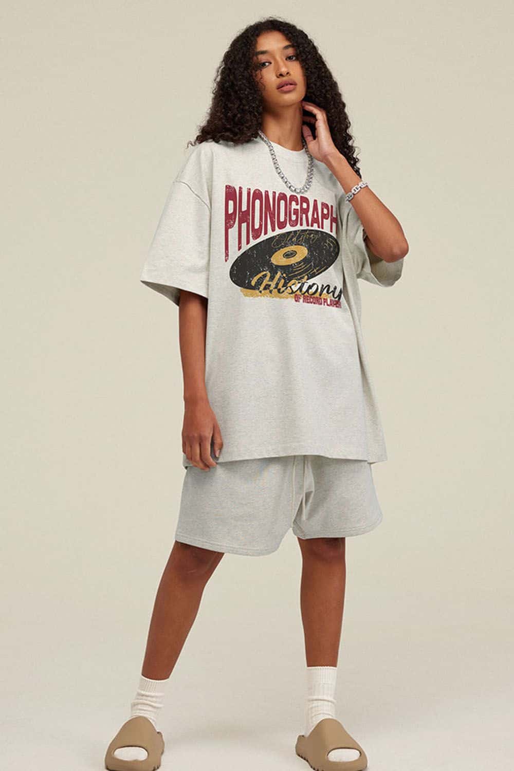 Washed Gramophone-Graphic Cotton T-Shirt in Oat Gray - front modeled view