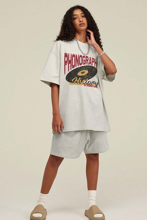 Washed Gramophone-Graphic Cotton T-Shirt in Oat Gray - front modeled view