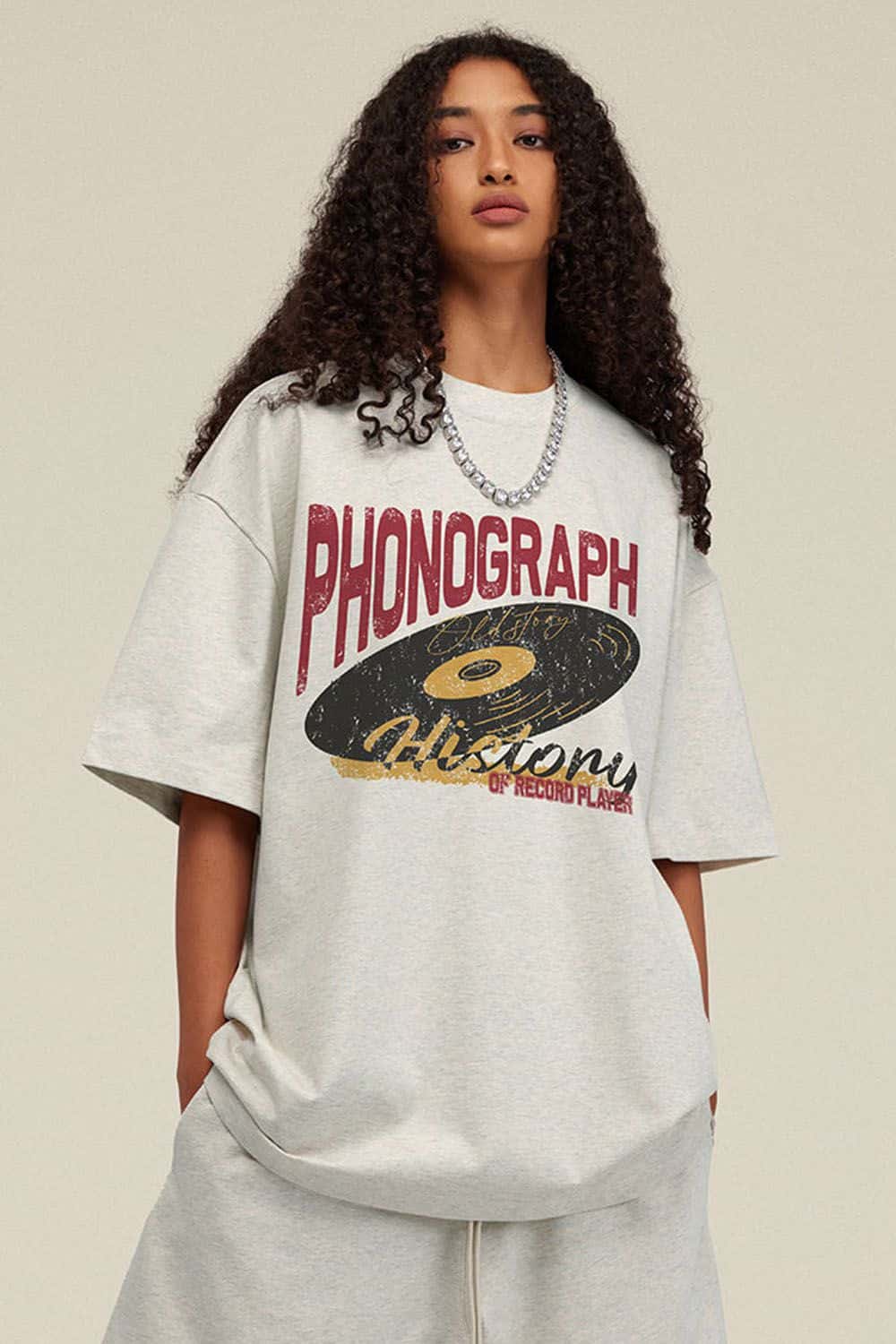 Washed Gramophone-Graphic Cotton T-Shirt in Oat Gray - front modeled view
