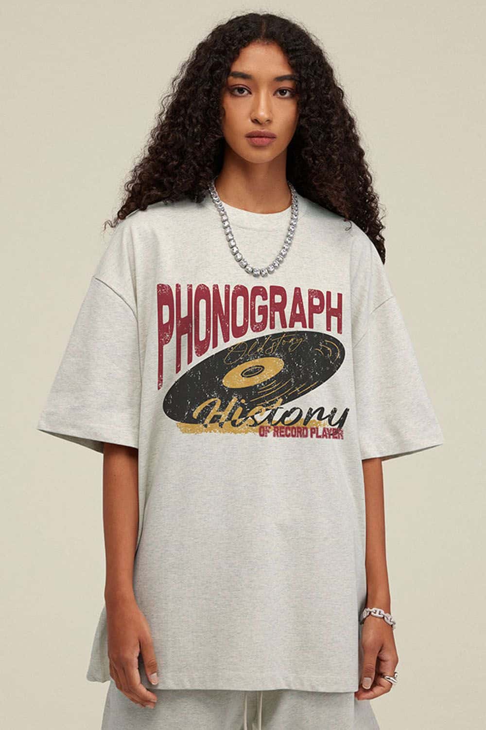 Washed Gramophone-Graphic Cotton T-Shirt in Oat Gray - front modeled view