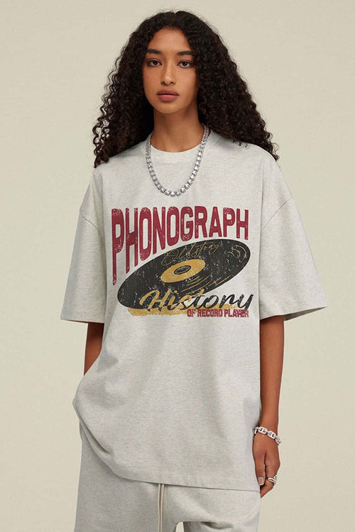 Washed Gramophone-Graphic Cotton T-Shirt in Oat Gray - front modeled view