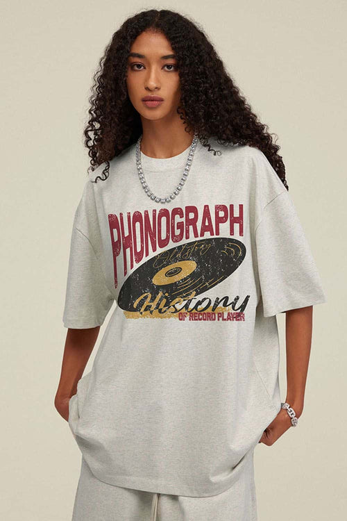 Washed Gramophone-Graphic Cotton T-Shirt in Oat Gray - front modeled view