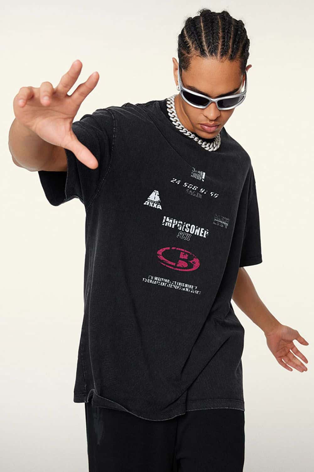Breathable Double-Sided Graphic Cotton T-Shirt in Fried Snowflakes - three-quarter front modeled view