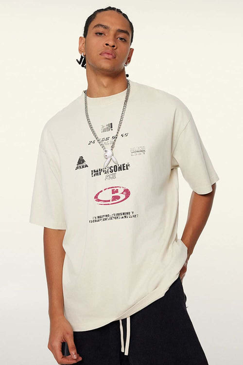 Breathable Double-Sided Graphic Cotton T-Shirt in Gray Apricot - product detail close-up