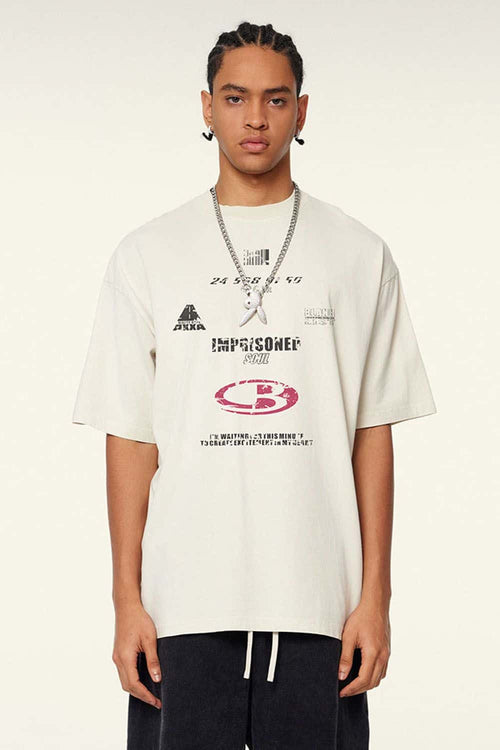 Breathable Double-Sided Graphic Cotton T-Shirt in Gray Apricot - product detail close-up