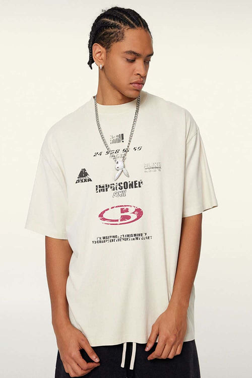 Breathable Double-Sided Graphic Cotton T-Shirt in Gray Apricot - product detail close-up