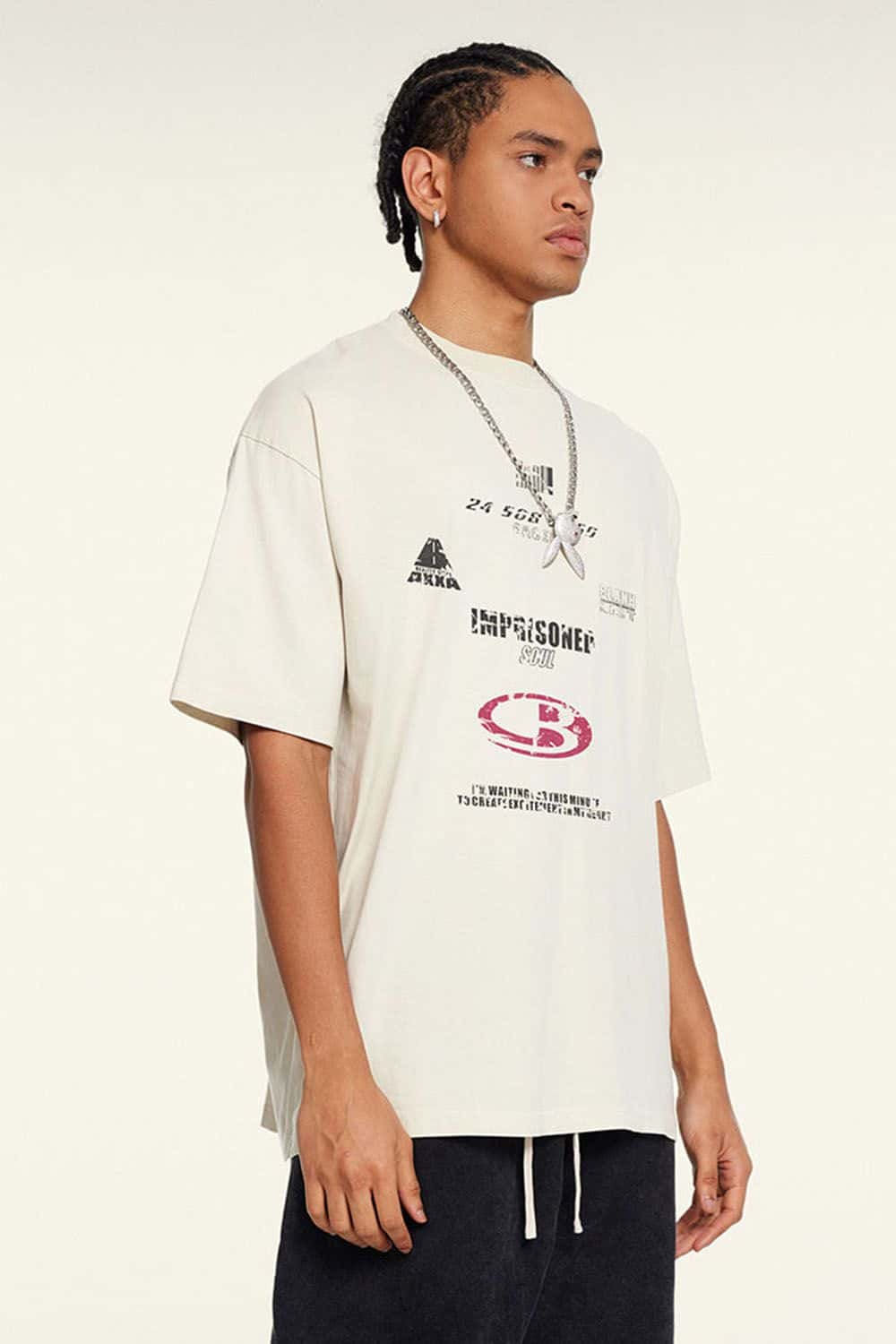 Breathable Double-Sided Graphic Cotton T-Shirt in Gray Apricot - front product view
