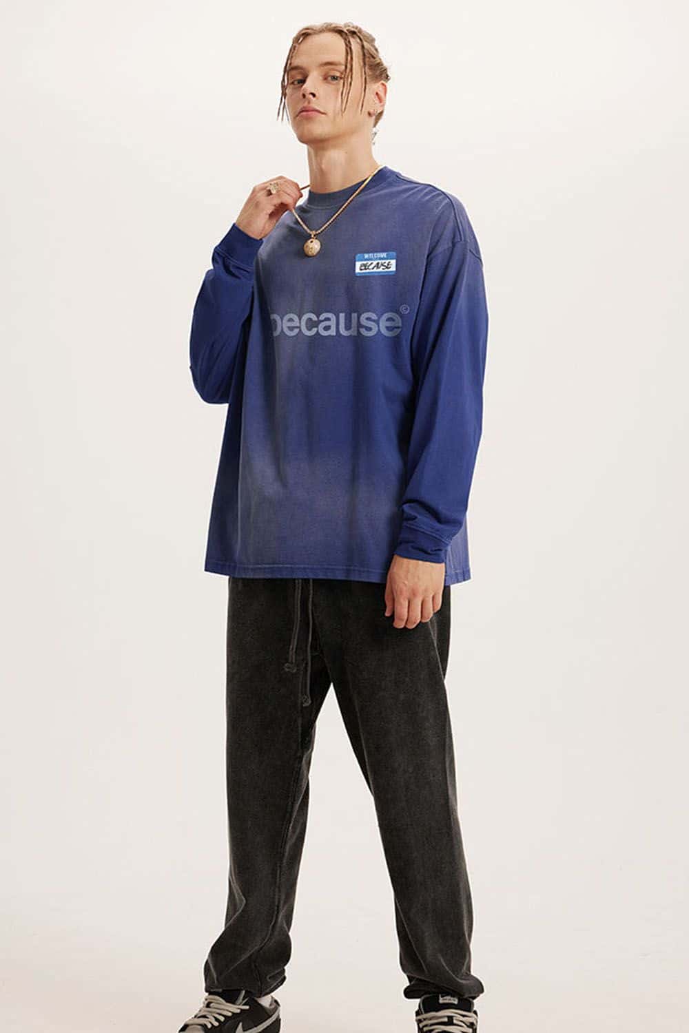 Washed Typographic Graphic Cotton Long-Sleeve T-Shirt in Blue - full-length front modeled view