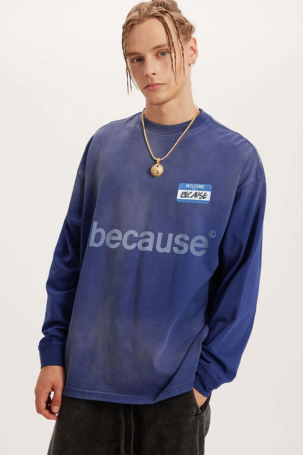 Washed Typographic Graphic Cotton Long-Sleeve T-Shirt in Blue - front modeled view