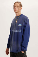 Washed Typographic Graphic Cotton Long-Sleeve T-Shirt in Blue - three-quarter front modeled view