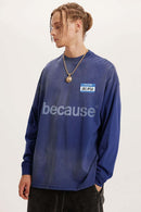 Washed Typographic Graphic Cotton Long-Sleeve T-Shirt in Blue - side modeled view