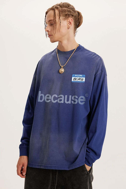 Washed Typographic Graphic Cotton Long-Sleeve T-Shirt in Blue - side modeled view