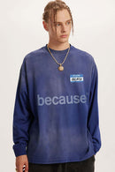 Washed Typographic Graphic Cotton Long-Sleeve T-Shirt in Blue - front modeled close-up