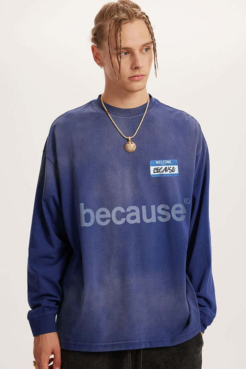Washed Typographic Graphic Cotton Long-Sleeve T-Shirt in Blue - front modeled close-up