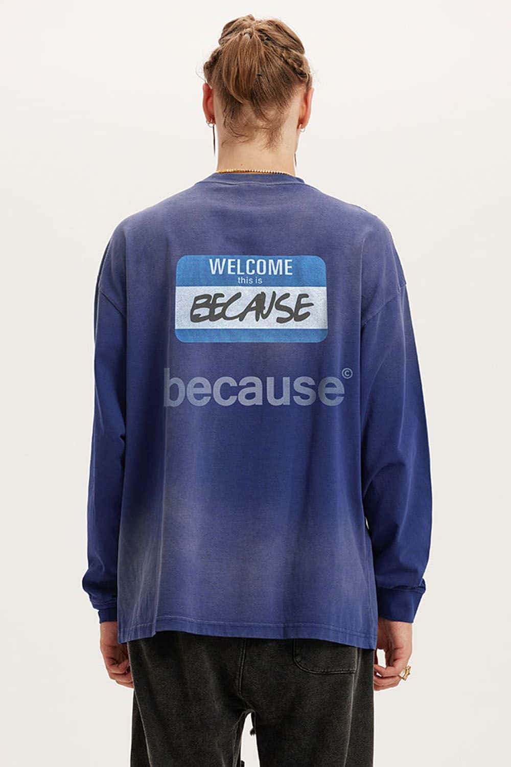 Washed Typographic Graphic Cotton Long-Sleeve T-Shirt in Blue - back modeled view
