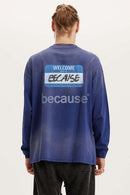 Washed Typographic Graphic Cotton Long-Sleeve T-Shirt in Blue - back modeled view