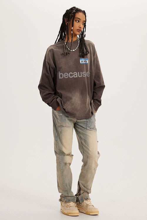 Washed Typographic Graphic Cotton Long-Sleeve T-Shirt in Coffee - full-length front modeled view