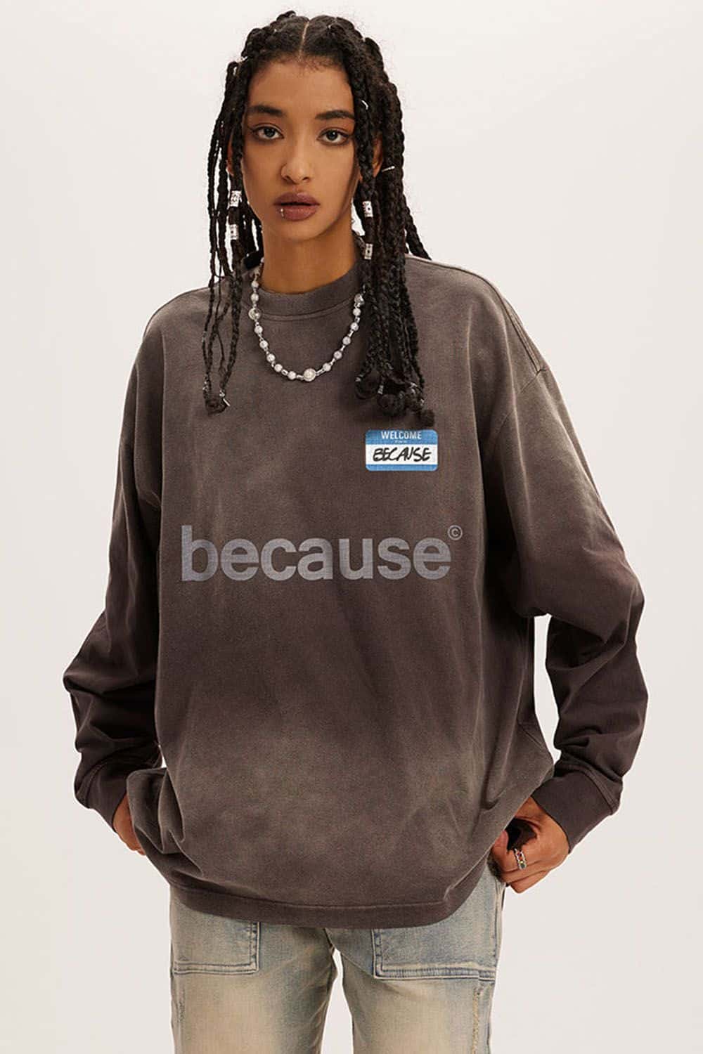 Washed Typographic Graphic Cotton Long-Sleeve T-Shirt in Coffee - front modeled view